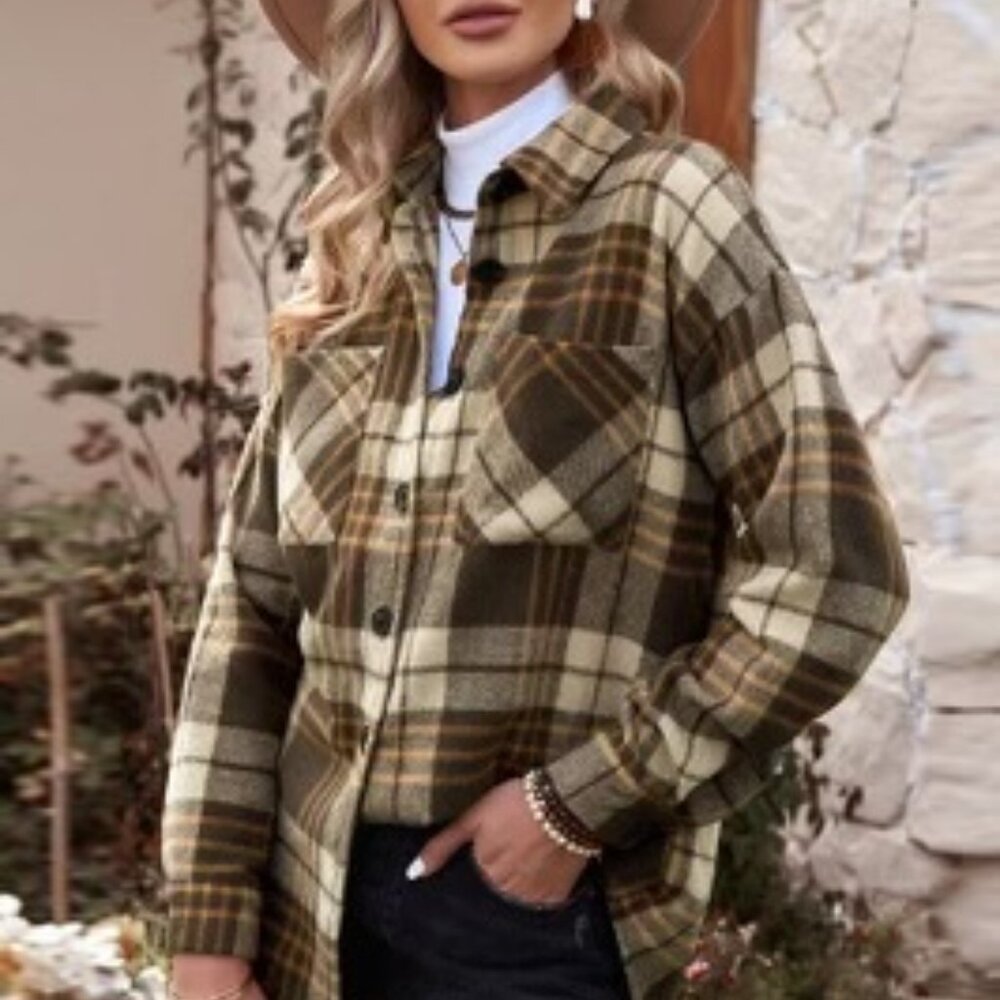 NWT Miss Sparkling Plaid Collared Neck Button Up Jacket with Pockets